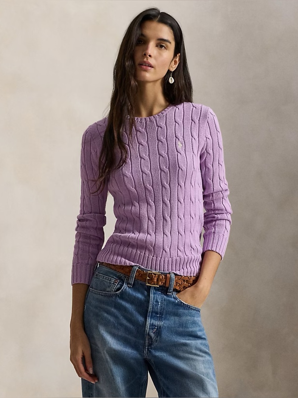 NEW Polo Ralph Lauren Cable-Knit Cotton Crewneck Sweater in Bright Aster, XS